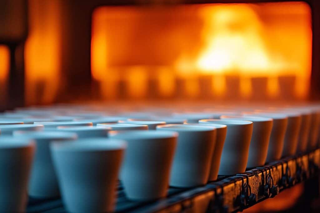 Keramikkomponenten für extreme Temperaturen, geordnet vor einem Hochtemperaturofen. Ideal für Anwendungen mit hoher Wärme- und Verschleißbeständigkeit. Keywords: Hochtemperaturkeramik, Technische Keramik, Industriekeramik