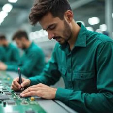 Mitarbeiter in moderner Elektronikfertigungslinie bei der SMT-Bestückung – EMS Dienstleistungen Symbolbild
